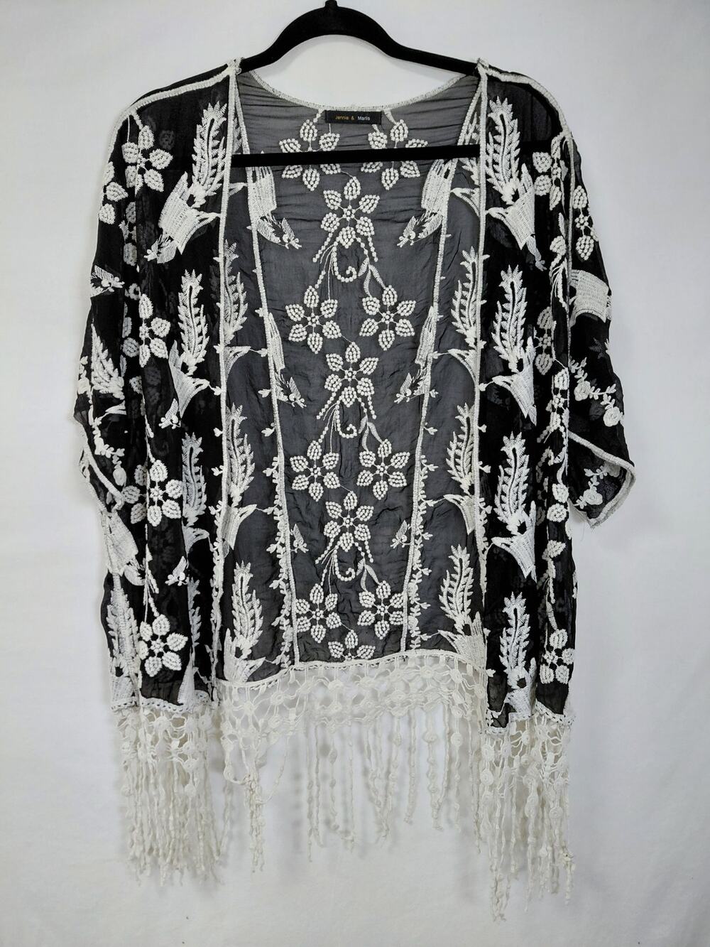 Jennie & Marlis Floral Lace Fringe Kimono Cardigan Women See Measurements